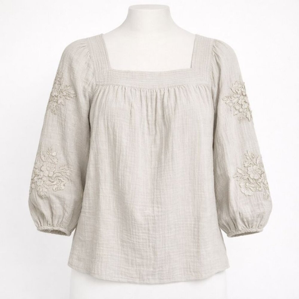 NWT JM Collection Plus 2X Gauze Peasant Blouse Beige Embroidered Square Neck Boh